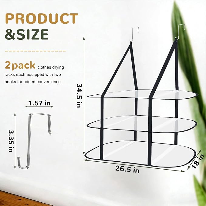 3 Tier Sweater Drying Rack, Over The Door Foldable Lay Flat Dryer with Mesh Panels, Space Saving Hanging Organizer for Sweaters, Blankets, Laundry in Apartments, Dorms, Bathrooms - 2 Pack Black