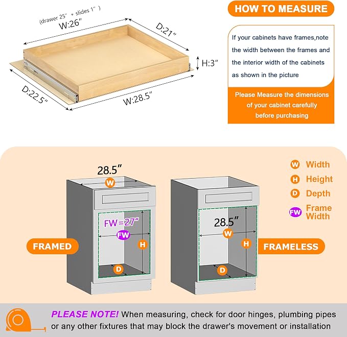 Pull Out Cabinet Organizer, 26" W x 21" D | Soft Close Pull Out Drawers for Cabinets with Heavy Duty Slides, Wood Slide Out Drawers for Kitchen Cabinets