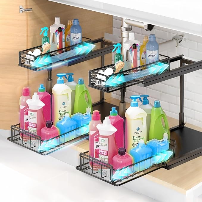 Under Kitchen Sink Pull Out Organizer, Pull Out Under Cabinet Organizer with 2 Tier for Kitchen Bathroom, Home Kitchen Storage Organization, Black, 2 Pack