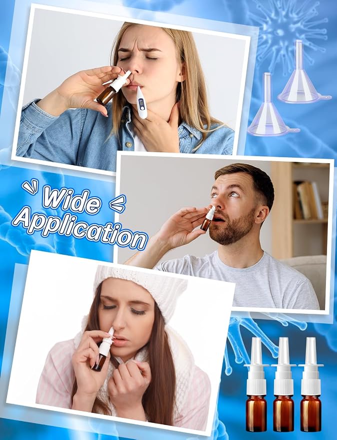 10 Pcs Nasal Spray Bottle, 5ML/0.17OZ 6 Pcs Brown Fine Mist Glass Empty Refillable Nasal Spray Bottle with 2 Funnels and 2 Labels