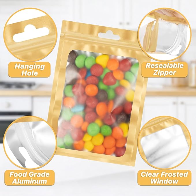 ANZNKU 100 PCS Multicolor Resealable Mylar Bags with Frosted Clear Window Packaging Bags Foil Pouch Zipper Bag for Food Self Sealing Jewelry Storage Supplies (4.72x7.1)