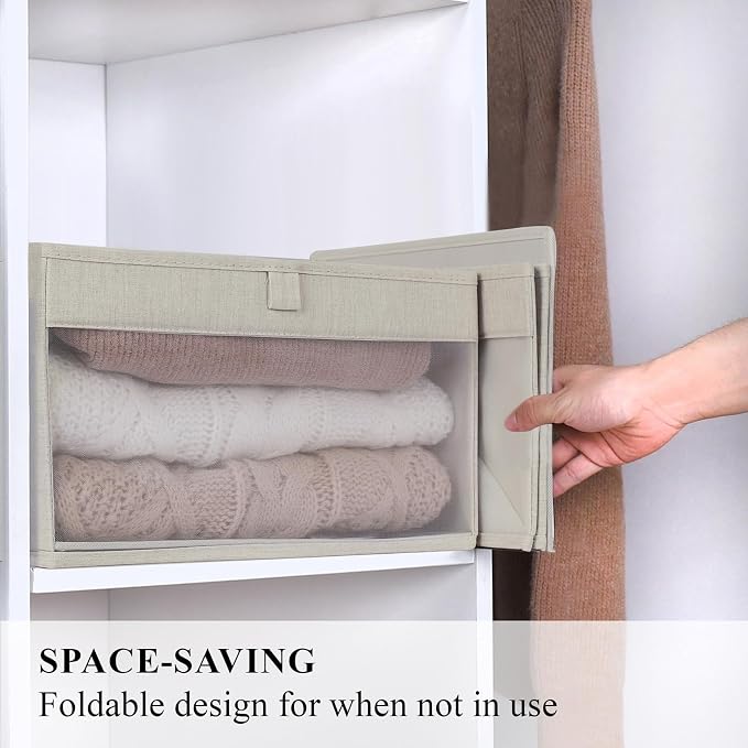 WUIKE Closet Storage Bins with Clear Window, Fabric Organizer Baskets with Handles, Foldable Linen Closet Organizers and Storage for Shelves, Line Beige, Large, 3 Pack
