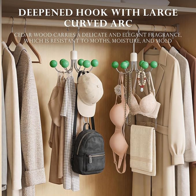 4-Pack 360° Swivel Hoodie Hangers with 6 Cedar Balls, Closet Organizer for Bra, Scarves, Belts, Purse & Accessories Storage-Green
