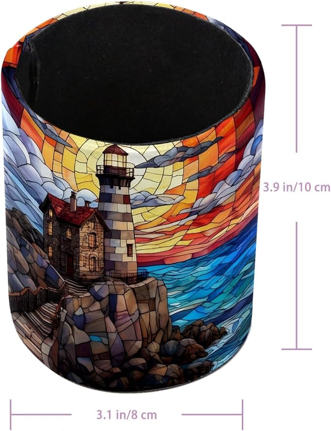 Stained Glass Lighthouse Pattern Pen Holder Pencil Organizer for Desk, 3.1” x 3.1” x 3.9” Pencil Cup Office Supplies, Large Capacity Cute Pen and Makeup Brush Holder for Desktop, Home, School