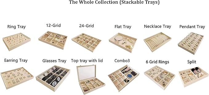Premium Grade Velvet Sturdy Jewelry 24 Grids Display Tray Stackable Rings Necklace Gemstone Shows Store Home Organizer Soft Beige