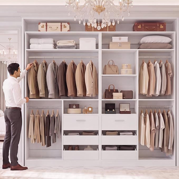iSunirm 36'' Closet System with Long Hanging Rods, 3FT Modular Closet Organizer System with 4 Shelves, Wood Walk-in Closet with Closed & 2 Half-Open Drawers, 80" H Adjustable Garment Rack, White