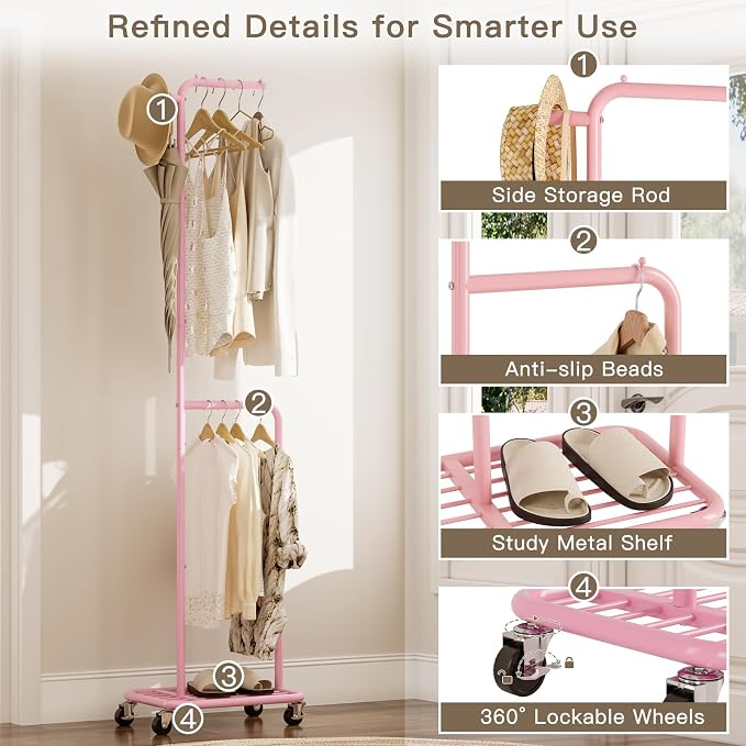 Small Rolling Clothing Rack with Shelf, Narrow Clothes Rack with Wheels | Gasvadivum 71" Tall Sturdy Metal Garment Rack with Hanging Rod, Freestanding Portable Coat Rack for Bedroom, Entryway, Pink