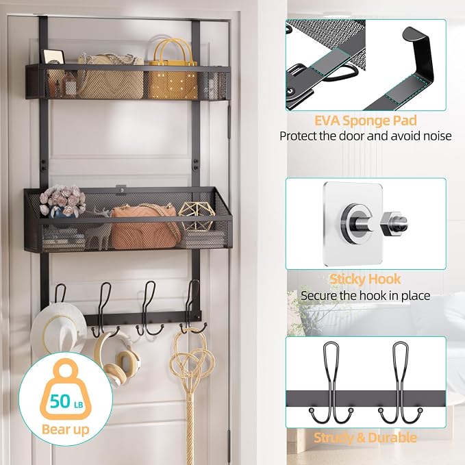 2-Tier Over Door Hook & Basket Organizer 12 Hooks + 2 Mesh Baskets for Bathroom Towels, Kitchen Pantry & Bedroom Storage, No-Drill Hanging Rack, Black
