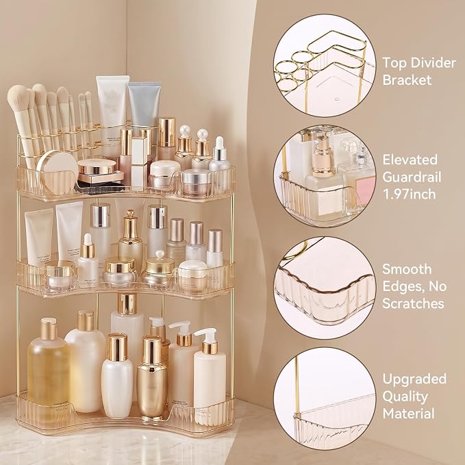 3-Tier Corner Bathroom Counter Organizer with Makeup Brush Holder, Gold | Large Makeup Organizers for Vanity, Corner Bathroom Countertop Organizer for Cosmetic Perfume Skincare Storage