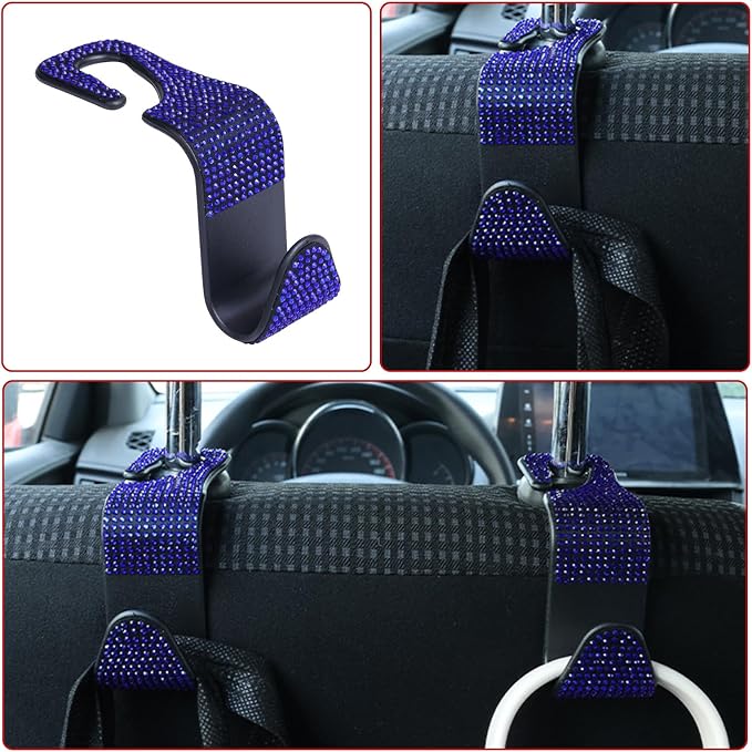 4PCS Bling Car Seat Headrest Hooks, Vehicle Back Seat Purse Handbag Hanging Holder with Crystal Rhinestone, Diamond Storage Organizer Hook,Bling Car Accessories for Women (Blue)