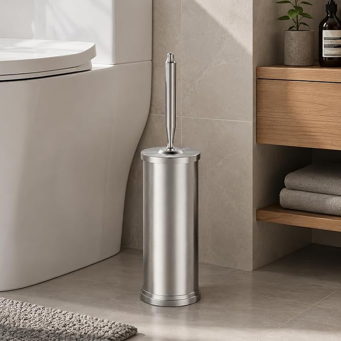 Stainless Steel Toilet Brush and Holder Set : Weighted Stable Base, Removable Inner Tube.Long Handle Toilet Bowl Brush Splash-Proof Design for Deep Cleaning & Space-Saving Storage,Nickel