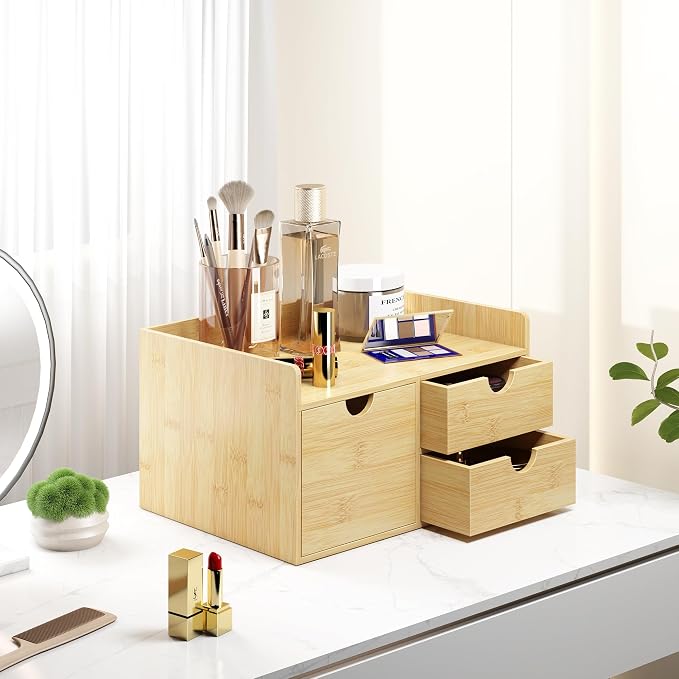 Bamboo Desk Organizer with Drawers, Desktop Storage for Office Supplies | 3 Drawers Desktop organizer, No Assembly Required, Natural Wood Wooden Desktop Drawers Box for Bills, Cosmetics, Seals, Paper