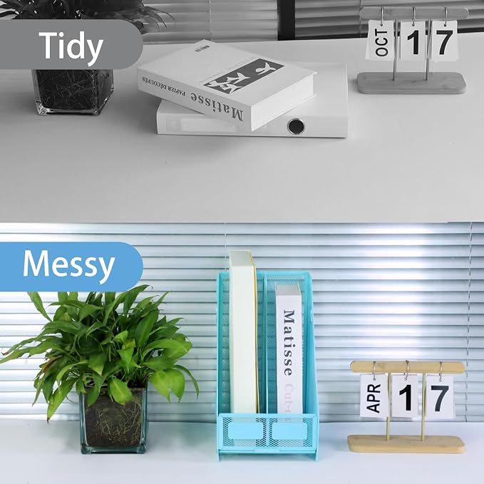 Desk Organizers Metal Magazine File Holder Racks Desktop Folder Storage Binder Organiser Document Organization for Home Office & Classroom,2 Vertical Compartments-Blue