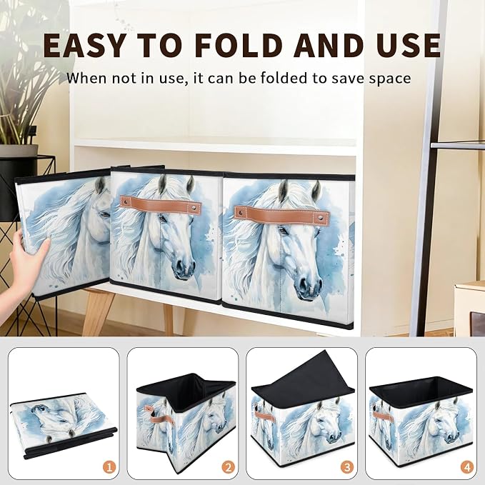 Horse Closet Storage Bin, Foldable Storage Baskets for Shelves, Decorative Shelf Organizer Horse Animal Fabric Cube Bin for Living Room Bedroom Home Dorm