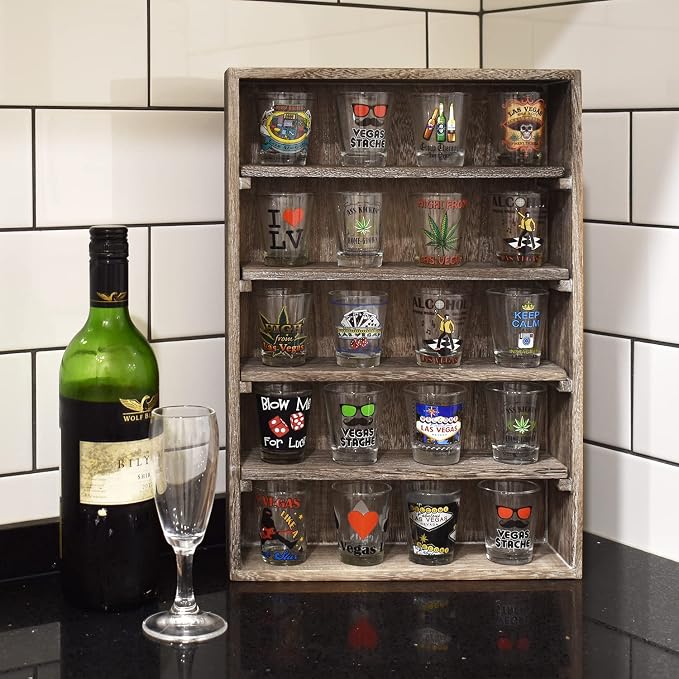 Ikee Design Wooden Wall-Mounted Display Shelves Rack for Collectibles-Figures,Shot Glasses,Spice Can,Cosmetics or Perfume-5 Adjustable Height Shelves,Space-Saving,Coffee Color