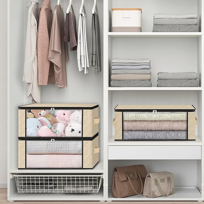 HomeHacks Storage 4-Pack Clothes Organizer Storage Bags Foldable Storage Box with Large Clear Window Sturdy Handles for Closet, Dorm, Pillows, Bedding, Clothes, Blankets, 35L, Beige