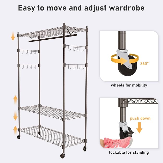 Heavy Duty Clothes Rack, Adjustable Rolling Garment Rack with Shelves, Freestanding Wardrobe Rack 1 Clothes Hanging Bar, 3 tired Wire Shelving, 4 Hanger Hooks - Hold Up to 400Lbs (Gray, 1Rod 4Hook)