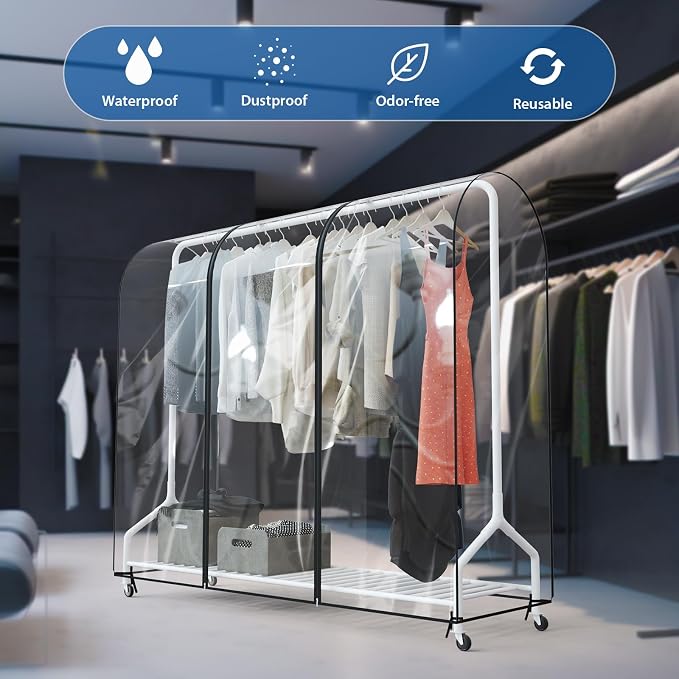 Zilink Clear Garment Rack Cover Transparent Clothes Rack Cover 72 in | Waterproof, Dustproof, Breathable, 2 Durable Zippers, Clear Clothing Rack Cover for Garment Rack (Rack Not Included)