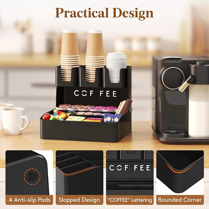 Lifewit 2-tier Coffee Station Organizer Caddy for Countertop, 10 Compartments Coffee Bar Organizers for Cups, Pods, Sugar, Compact Condiment Holders Storage for Office Breakroom Kitchen Home Black