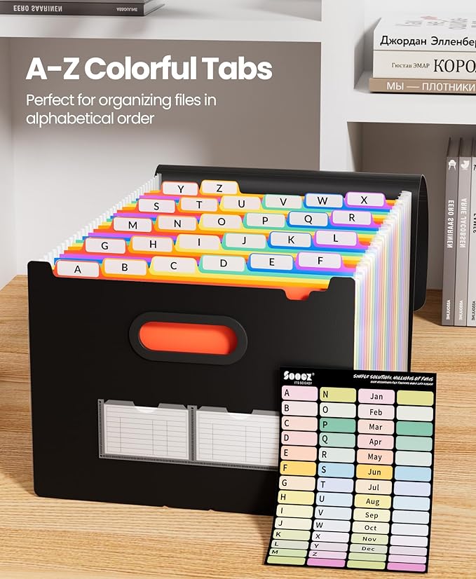 Sooez 26-Pocket Accordion File Organizer, Upgraded Expanding File Folder with Unobstructed A-Z Tabs, Premium Bill Tax Receipt Document Organizer Storage for Letter/A4 Size Paper, School Office & Home