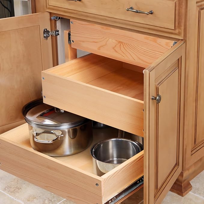 Mulush Pull Out Drawers For Cabinets, 23''W×21''D×19''H Soft Close Slide Out Wood Shelves Storage Organizer for Kitchen, 3-Tier, Finished, Heavy-Duty, Bottom Assembly