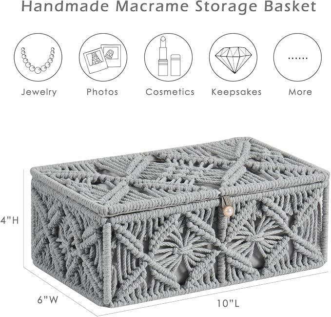 Decorative Boho Storage Baskets with Lid Bohemian Macrame Jewelry Box Handmade Natural Cotton Rope Woven Bins Memory Keepsake Photo Makeup Organizer Shelf Container (Gray, Small)
