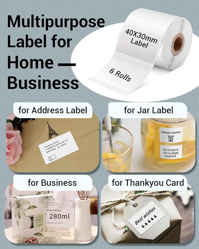 Phomemo 1.57"x1.18"(40x30mm) Label, 6 Rolls M110/M100/M150/M250/M220 Thermal Paper - Multi-Purpose Square Self-Adhesive Label, 230 Labels/Roll, Black on White