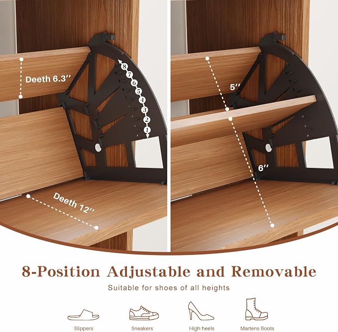 Shoe Storage Cabinet with 2 Flip Drawers & Adjustable Shelves, Freestanding Shoe Cabinet with Side Hooks Narrow Shoe Rack Cabinet for Entryway