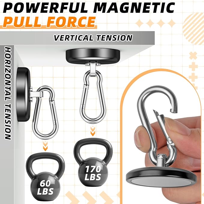 FINDMAG Magnetic Hooks 170LBS Heavy Duty Magnet with Carabiner Hook, Strong Magnetic Hooks for Hanging for Home, Cruise Ship, Office Locker, Workplace, Refrigerator or Travel (2 Pack)