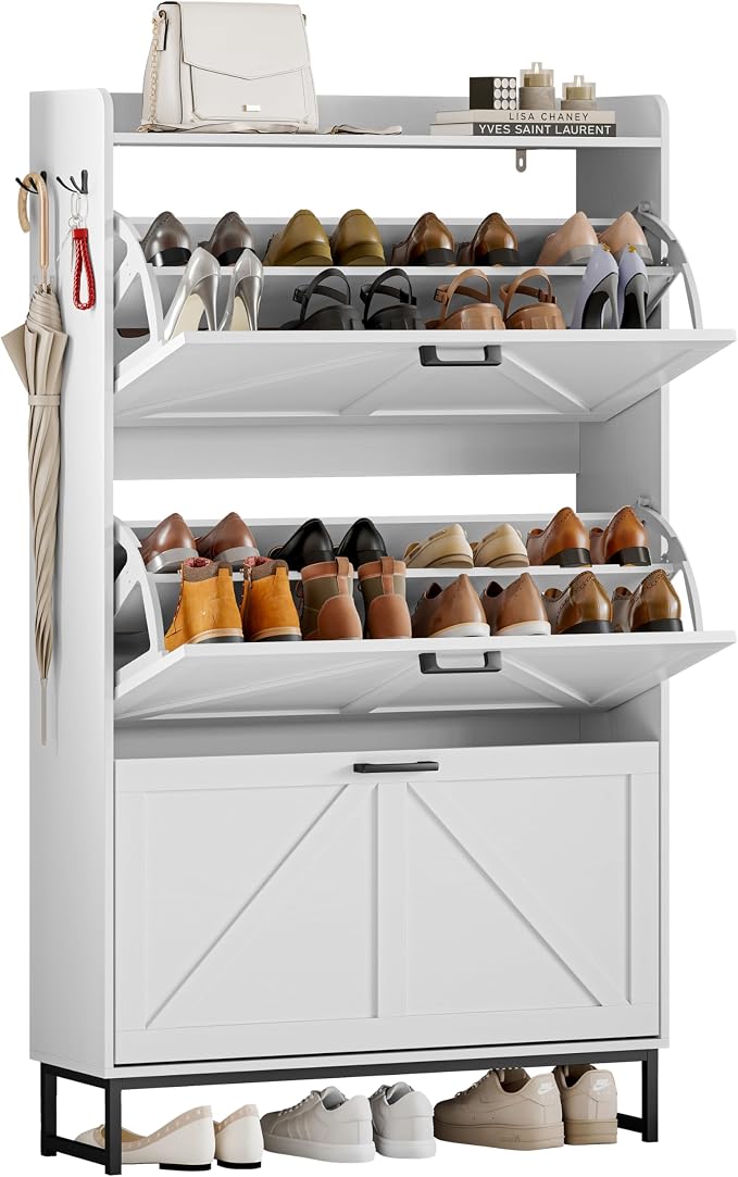 Wodeer Shoe Cabinet Storage for Entryway, Shoe Storage Cabinet with 3 Flip Drawers, Freestanding Narrow Shoe Rack Organizer with Metal Legs & Side Hook for Foyer, Hallway, White