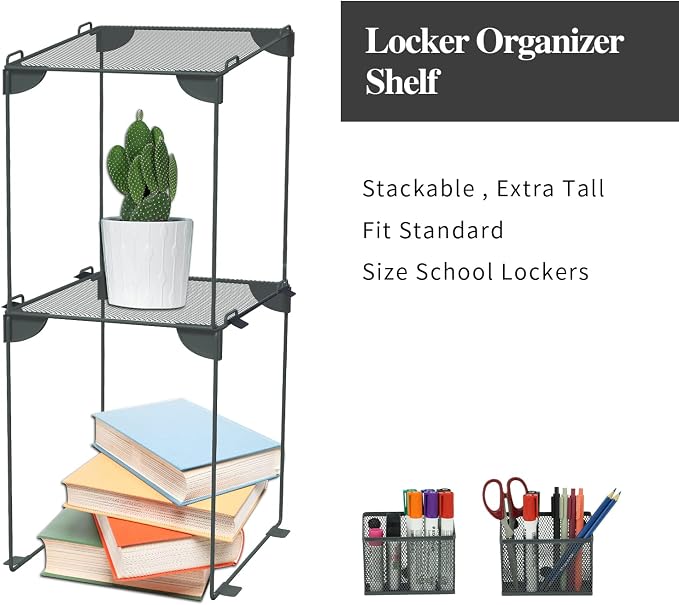 Neudeco Locker Accessories and Decor Kit, Pack of 4, Grey | Mesh Locker Shelf, Locker Organizer, Magnetic Basket, Pen Holder