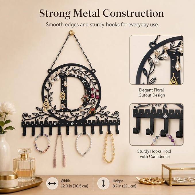 Personalized Wall Mounted Metal Initial Letter D Earring Holder Jewelry Organizer for Earrings and Necklaces Space Saving Wall Display with Hooks Jewelry Storage Bedroom Vanity Gift for Women