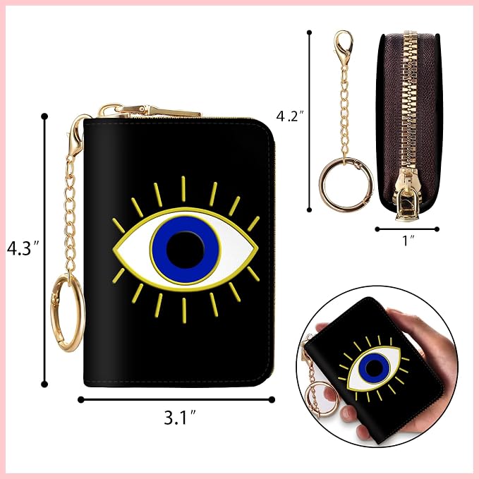 Blusabaca RFID Credit Card Holder Small Women Travel Wallet, Evil Eye | Removable Keychain, Case with Zipper, Vegan PU Leather, Cash Coin Pocket, Business Accordion Purse, Ladies Female Gift