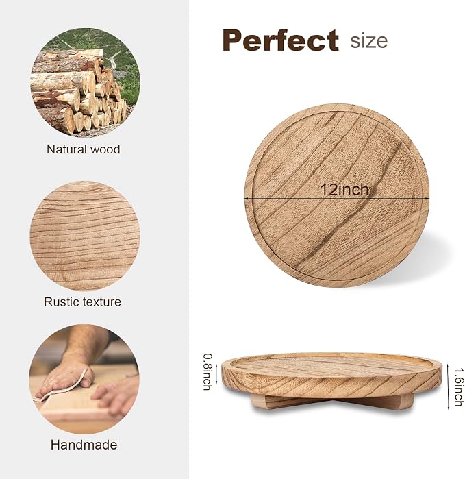 Round Decorative Tray Farmhouse Kitchen Decor Soap Dish 12" Brown | Waterproof, Lightweight, Easy Clean, Wood Riser Pedestal Stand Accessories for Office Desk, Vanity, Counter, Sink