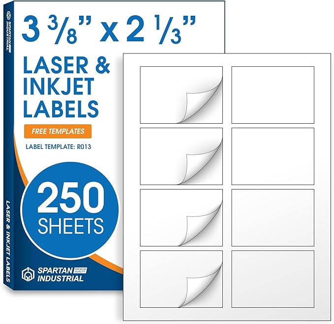 2 1/3" X 3 3/8" Matte White Printable Labels (250 Sheets, 2000 Stickers) Name Tag Stickers, Address and Shipping Labels for Laser & Inkjet Printers - Spartan Industrial Template R013