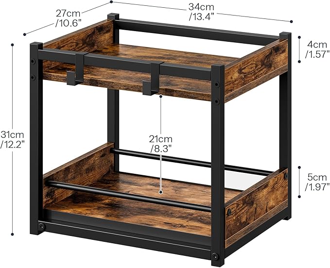 HOOBRO Kitchen Countertop Organizer, Corner Shelf Organizer, 2-Tier Spice Rack with Pull-Out Shelf and Hooks, for Kitchen, Office, Study, Bedroom, Living Room, Rustic Brown and Black BF08TL01
