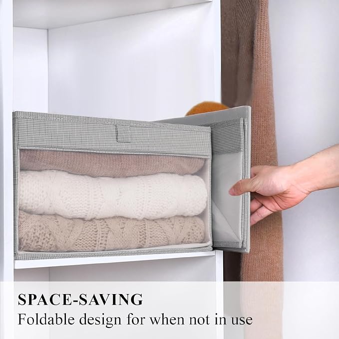 WUIKE Closet Storage Bins, Fabric Bins, 3-Pack, 21L, Clear Window, Greige | Linen Closet Organizers and Storage, Storage Baskets for Shelves, Foldable Fabric Bins for Clothes, Sheets, and Towels