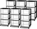 Sterilite 6 Pack 3 Drawer Storage Cart, Plastic Medium Organizer with Wheels, Black - Multipurpose Bin for Crafts, Accessories, or Office Supplies