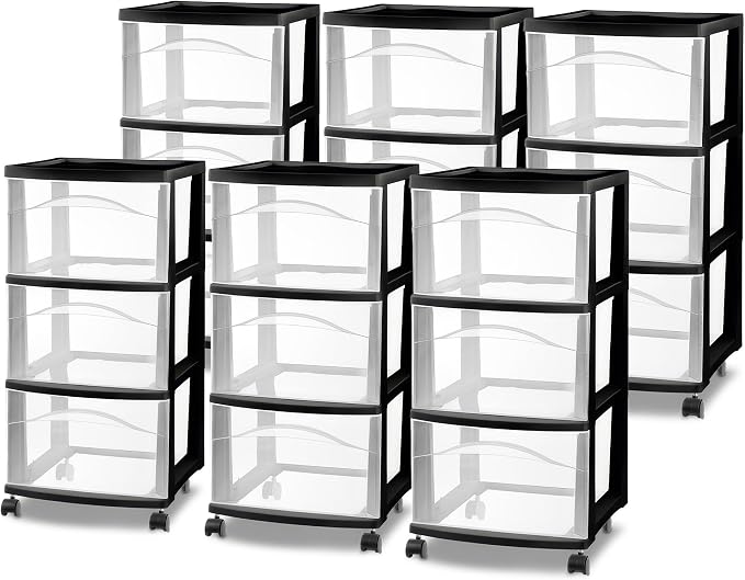 Sterilite 6 Pack 3 Drawer Storage Cart, Plastic Medium Organizer with Wheels, Black - Multipurpose Bin for Crafts, Accessories, or Office Supplies