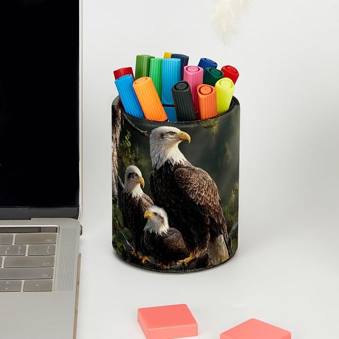 Eagle Family Pen Holder Pencil Organizer for Desk, 3.1” x 3.1” x 3.9” Pencil Cup Office Supplies, Large Capacity Cute Pen and Makeup Brush Holder for Desktop, Home, School