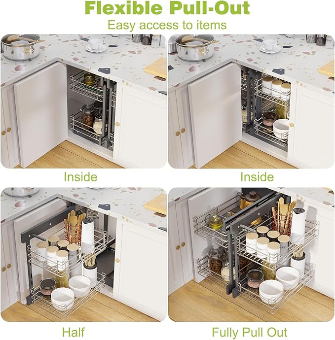 Blind Corner Pull Out Organizer for 36" Cabinet Left Open & Right Open Compatible 2 Tier 4 Shelves Adjustable Height