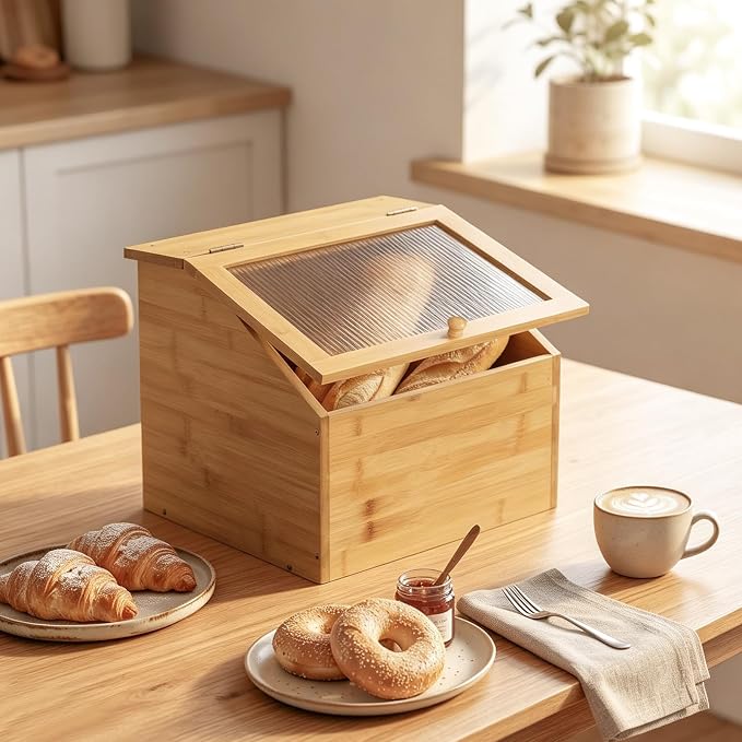 HOOBRO Bread Box, Bread Storage Container, Bread Box for Kitchen Countertop | Bamboo Bread Box with Fluted Acrylic Door, Bread Bin for Pantry, Farmhouse Bread Holder, Breadbox Organizer, Large Bread Box
