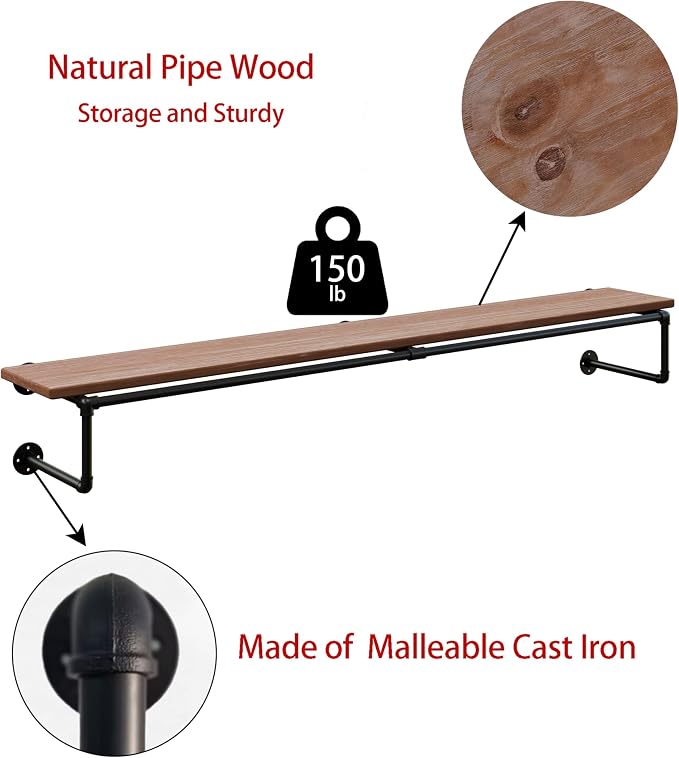 Clothes Rack 70in, Wall Mounted Garment Racks with Real Brown Wood Shelf, Heavy Duty Hanging Clothes Rack, Multi-Purpose Hanging Rod, Space-Saving Closet Storage