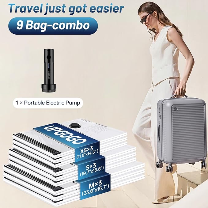 UPGOGO Travel Vacuum Bags for Luggage with Portable Electric Pump,Vacuum Seal Bags for Clothing,Packing Cubes Compression,Cruise Ship and Travel Essentials(Combo 9 Pack)
