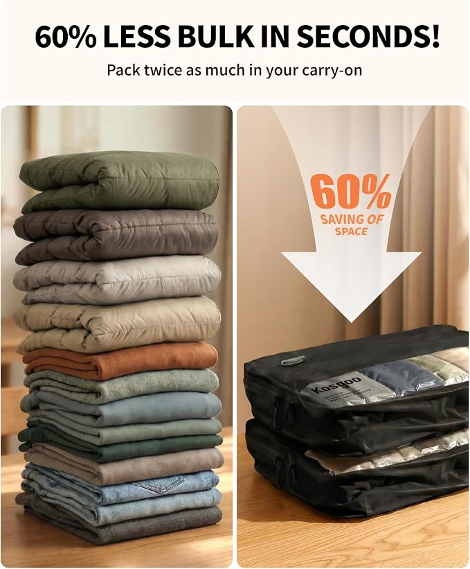 Vacuum Compression Bags for Travel with Pump 180° Open Vacuum Seal Bags for Carry-on Luggage Home Storage, IP67 Waterproof Space Saver Storage Bag (1 Pack with Pump, Black)