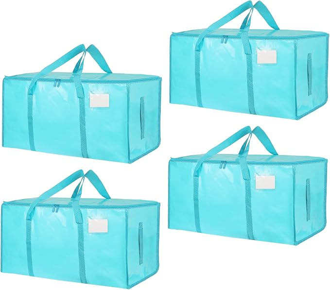 4 Pack-Extra Large Heavy Duty Moving Bags - Waterproof Storage Totes with Handles & Zippers, Foldable for College Dorm, Storage (lake blue)