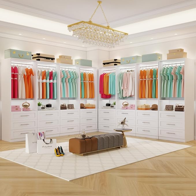 Closet System of 2 Sets with 6 Drawers, 4FT-10FT Modular Closet Organizer Systems Shelving, Wood Closet Systems for Walk in Closets with 4 Hanging Rods & 2 Shelves, Custom Closet System Kits, White