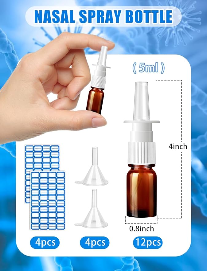 20 Pcs Nasal Spray Bottles, 5ML/0.17OZ 12 Pcs Brown Empty Glass Refillable Nasal Spray Bottle with 4 Funnels and 4 Labels