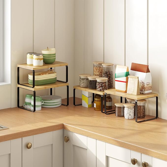 HOOBRO Cabinet Organizer Shelf, Set of 4 Kitchen Counter Shelves, Expandable Kitchen Storage, Stackable Bamboo Spice Rack, for Kitchen, Countertop, Office Desk, Bathroom, Natural and Black YB30TLP201