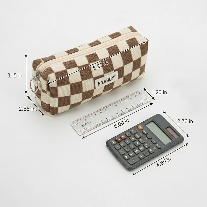 Soft Corduroy Pencil Case Pen Pouch Organizer, Small Stationery Bag | Cute brown checkerboard pouch, smooth zipper, daily cosmetics holder, compact organizer for school teen girls, women
